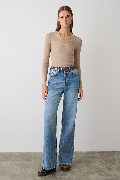 V sweater with rhinestones