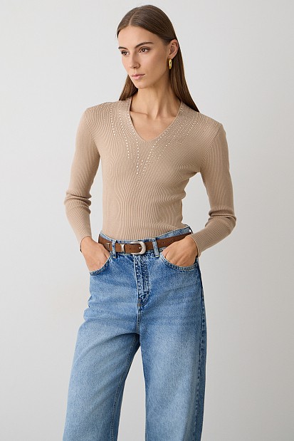 V sweater with rhinestones