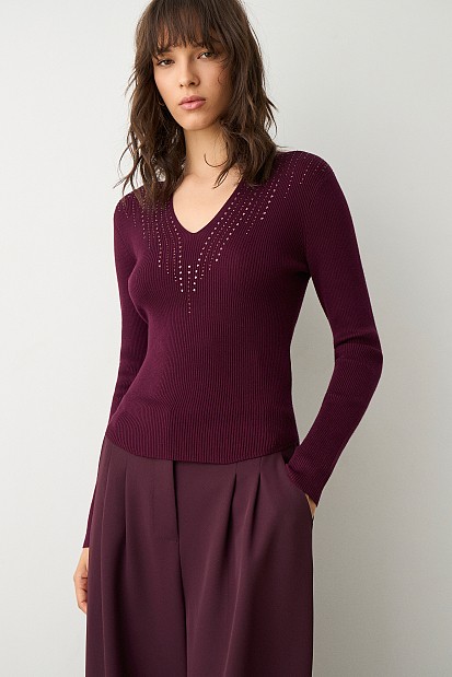 V sweater with rhinestones
