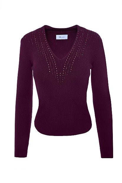 V sweater with rhinestones