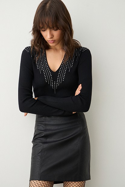 V sweater with rhinestones