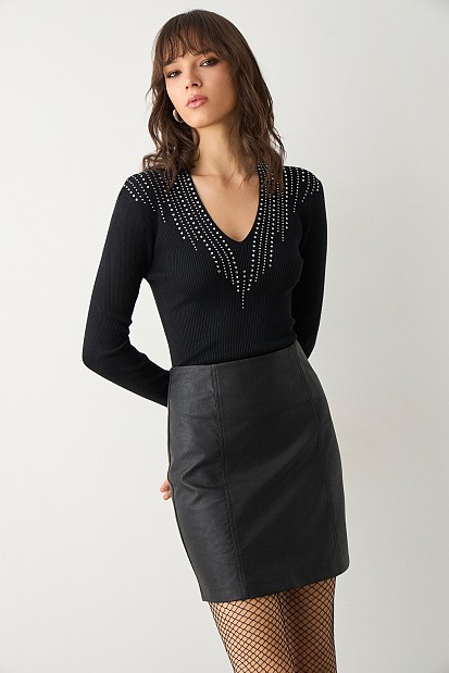 V sweater with rhinestones