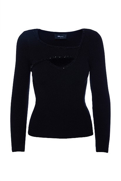 Sweater with rhinestones and cut out