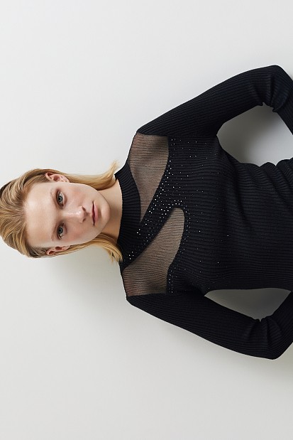 Rib sweater with sheer