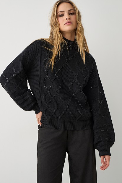 Chunky sweater with turtleneck and rhinestones