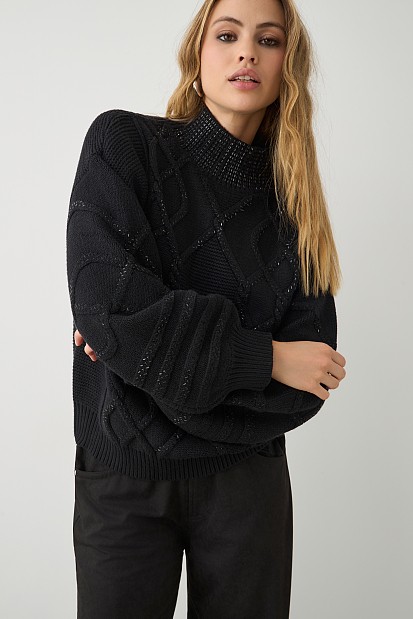 Chunky sweater with turtleneck and rhinestones