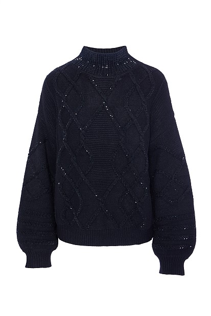 Chunky sweater with turtleneck and rhinestones