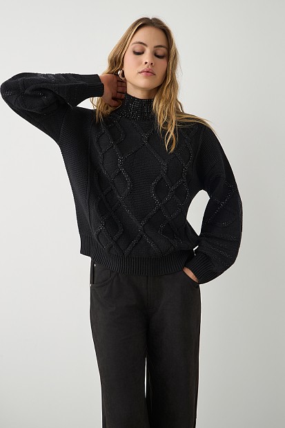 Chunky sweater with turtleneck and rhinestones