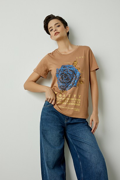 T-shirt with print and rhinestones
