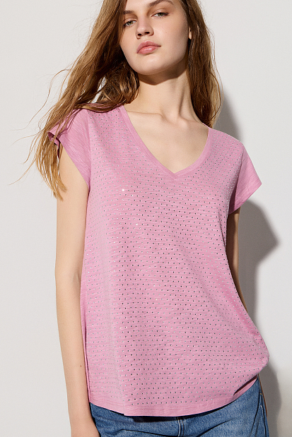 V-neck top with rhinestones