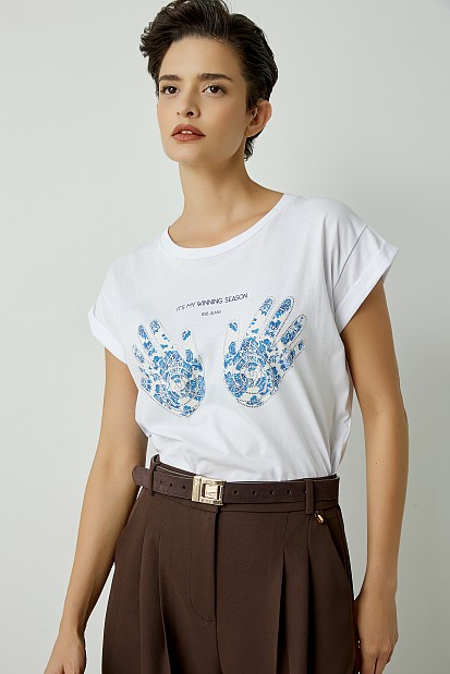 T-shirt with print and rhinestones