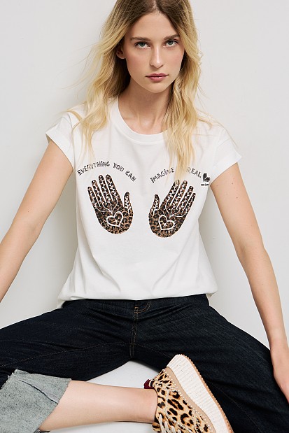 T-shirt with print and rhinestones