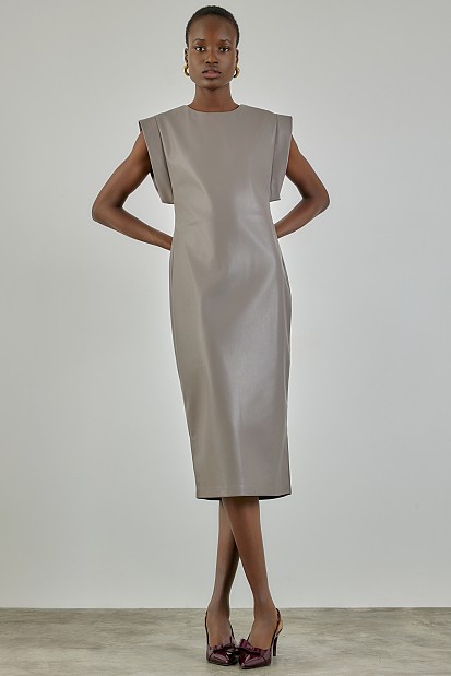 Midi sleeveless leather look dress