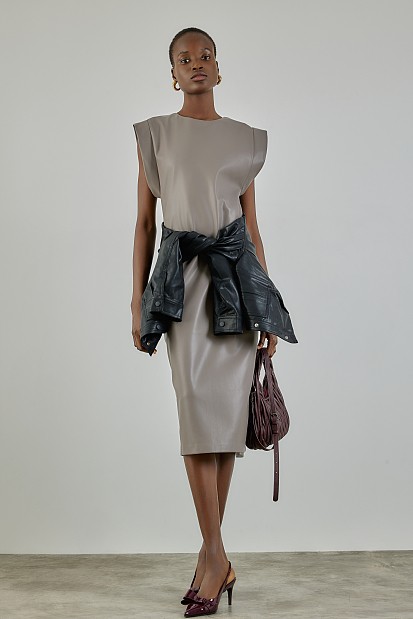 Midi sleeveless leather look dress