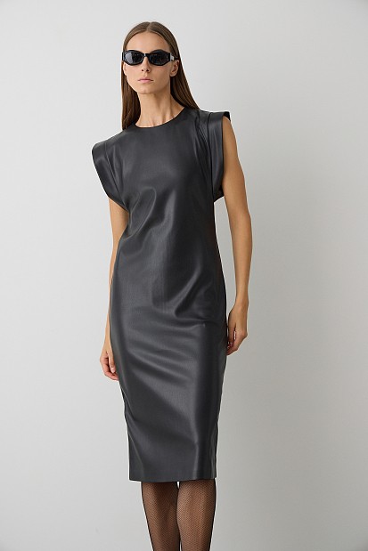 Midi sleeveless leather look dress