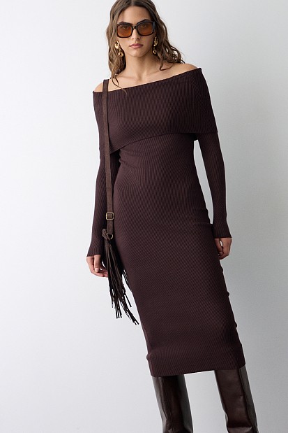Midi rib off shoulders dress
