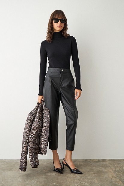 Leather look pants with pleat