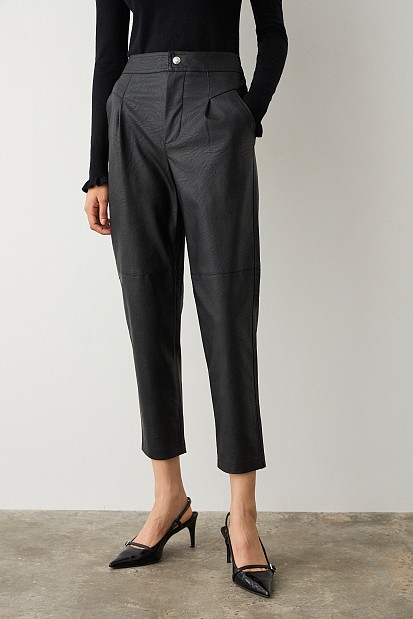 Leather look pants with pleat