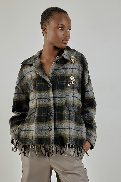 Plaid fringed shirt with pins