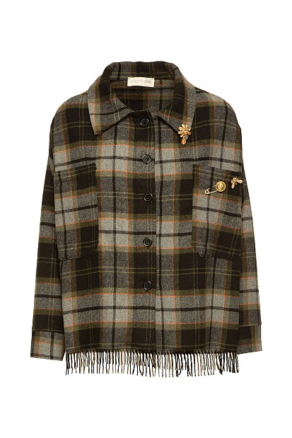 Plaid fringed shirt with pins