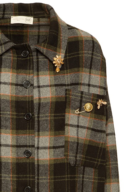Plaid fringed shirt with pins