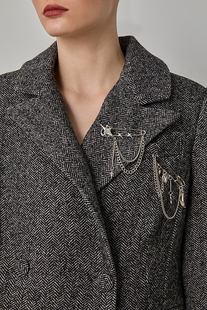 Longline herringbone coat with pin