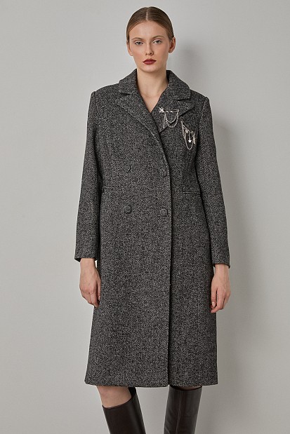 Longline herringbone coat with pin