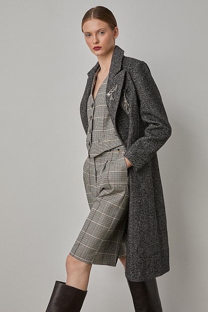 Longline herringbone coat with pin