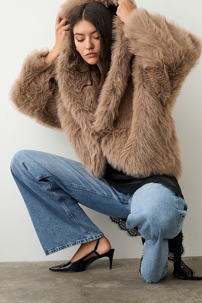 Shortline faux fur hooded coat