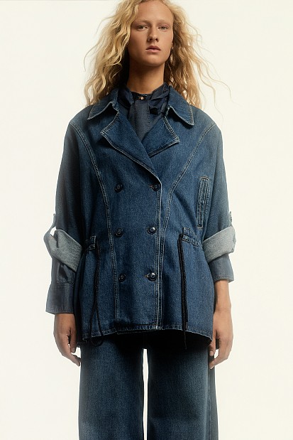 Denim short line trench coat