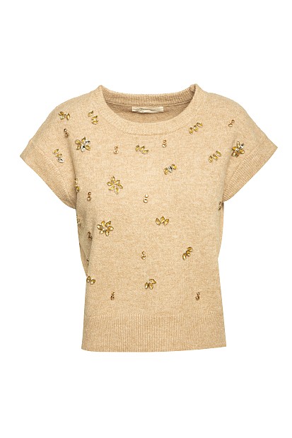 Shortsleeves sweater with applique rhinestones