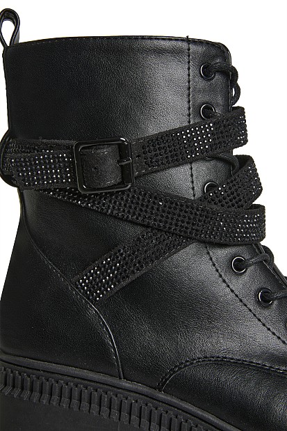 Ankle boots with straps and rhinestones