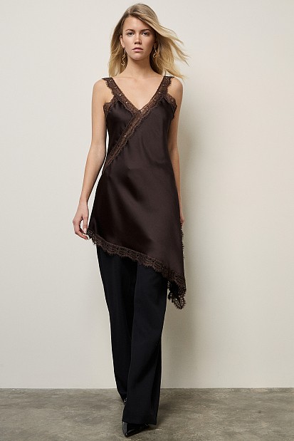 Mini asymmetric satin dress with lace