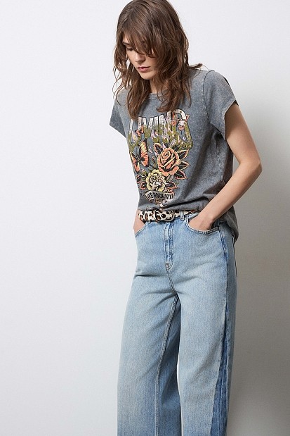 T-shirt with print and rhinestones