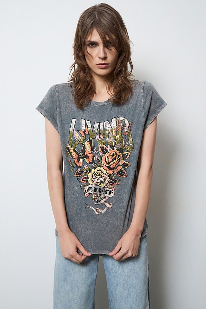 T-shirt with print and rhinestones