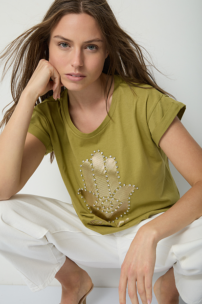 T-shirt με τύπωμα χέρι και στρας