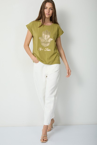 T-shirt με τύπωμα χέρι και στρας