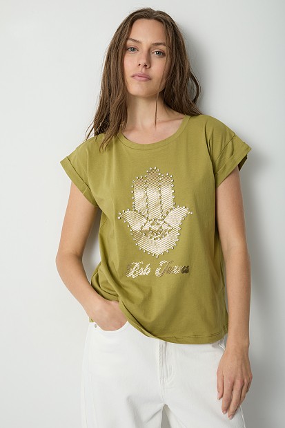 T-shirt με τύπωμα χέρι και στρας