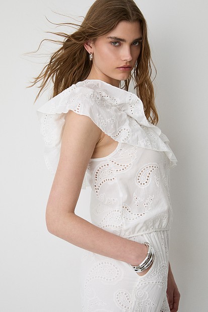 Broderie crop top with one shoulder and ruffles