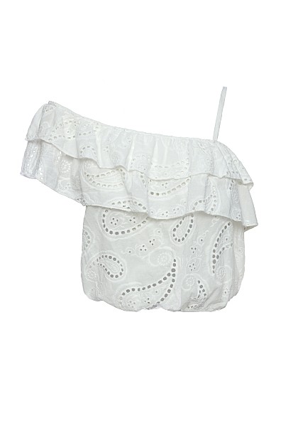 Broderie crop top with one shoulder and ruffles