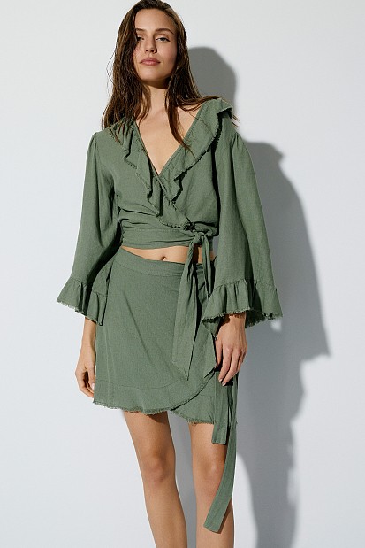 Wrap top with tie and ruffles