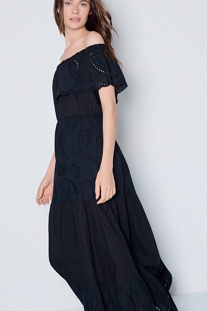 Off-shoulder maxi broderie dress with ruffles