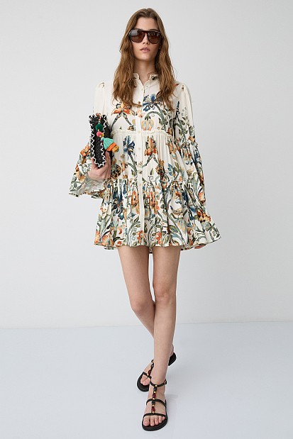 Rochie-cămașă scurtă cu print floral și volane
