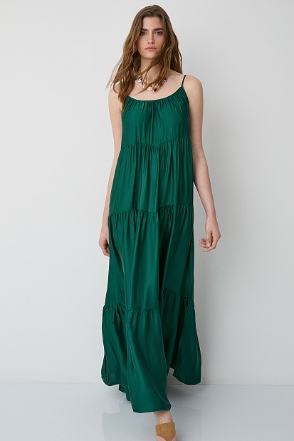Maxi satin-look dress with ruffles