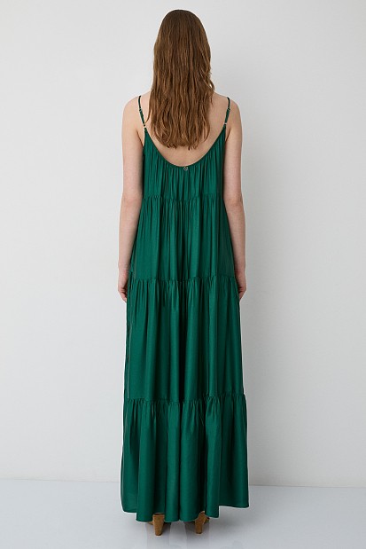 Maxi satin-look dress with ruffles