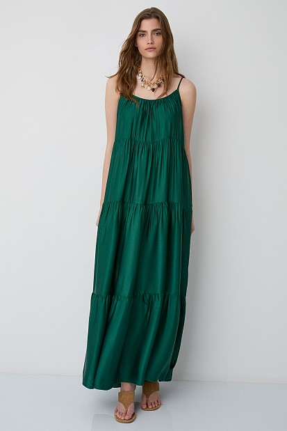 Maxi satin-look dress with ruffles