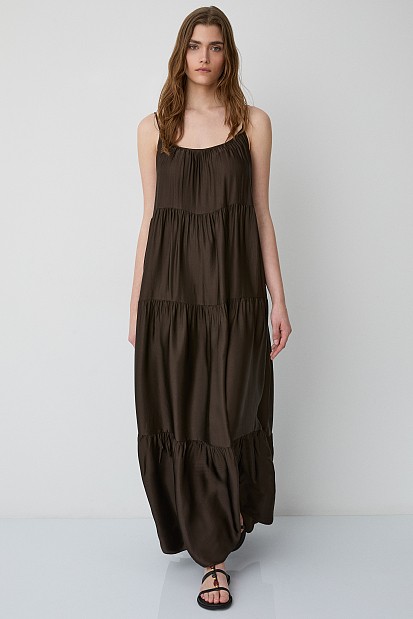 Maxi satin-look dress with ruffles