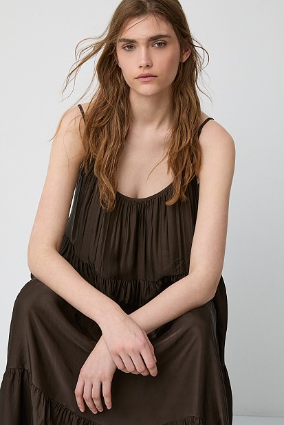 Maxi satin-look dress with ruffles