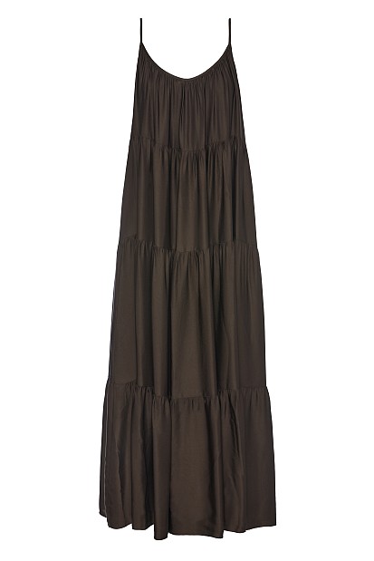 Maxi satin-look dress with ruffles