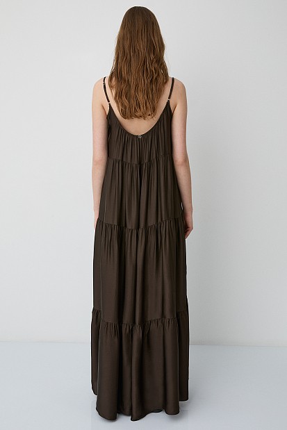 Maxi satin-look dress with ruffles